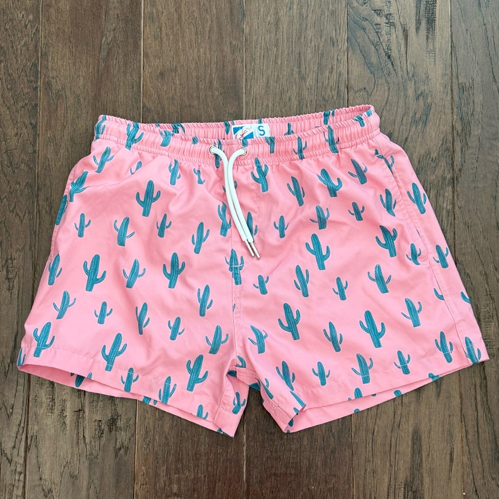 Bermies Pink and Green Cactus Swim Trunks with 5.5” inseam